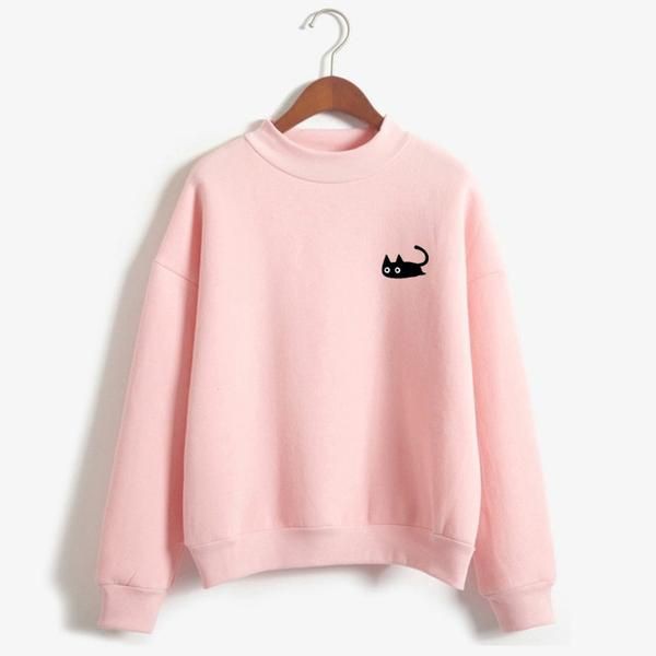 Pocket Cat Printed Fleece Full Sleeves Pull Over Sweatshirt For Women