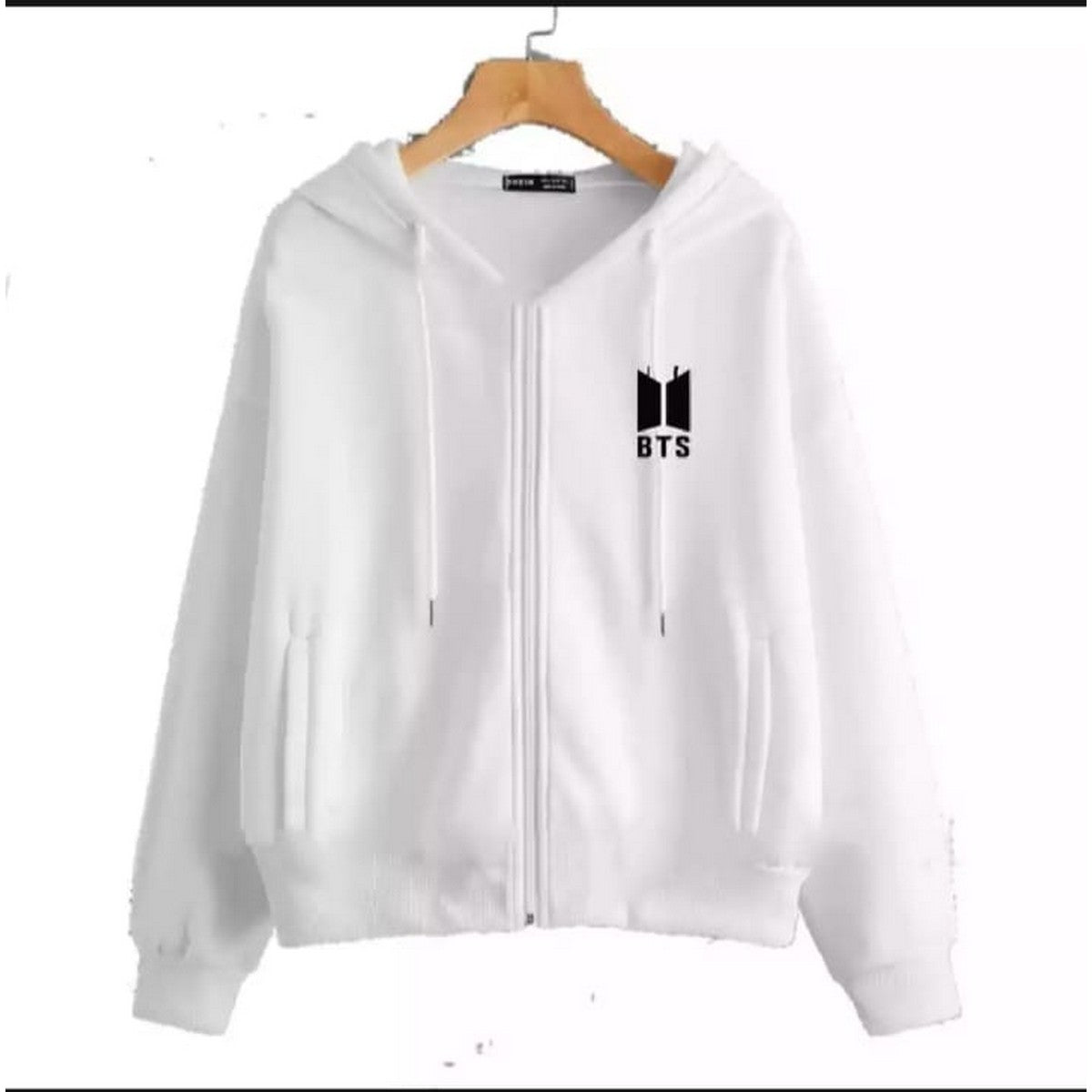 White BTS Fleece Full Sleeves Zipper Hoodie For Women