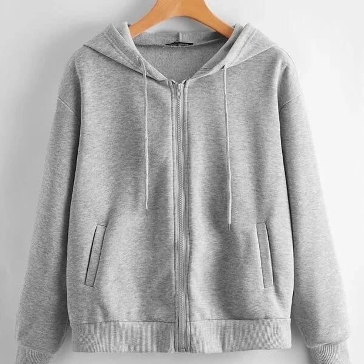 Grey Plain Fleece Full Sleeves Zipper Hoodie For Women