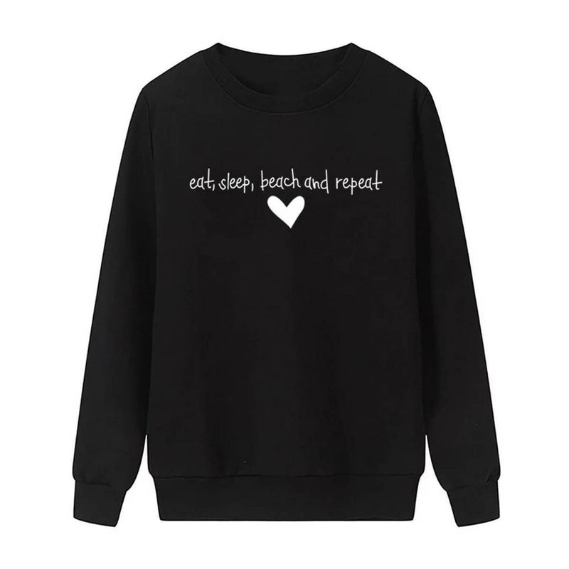 Eat Sleep Beach Repeat Printed Fleece Full Sleeves Pull Over Sweatshirt For Women