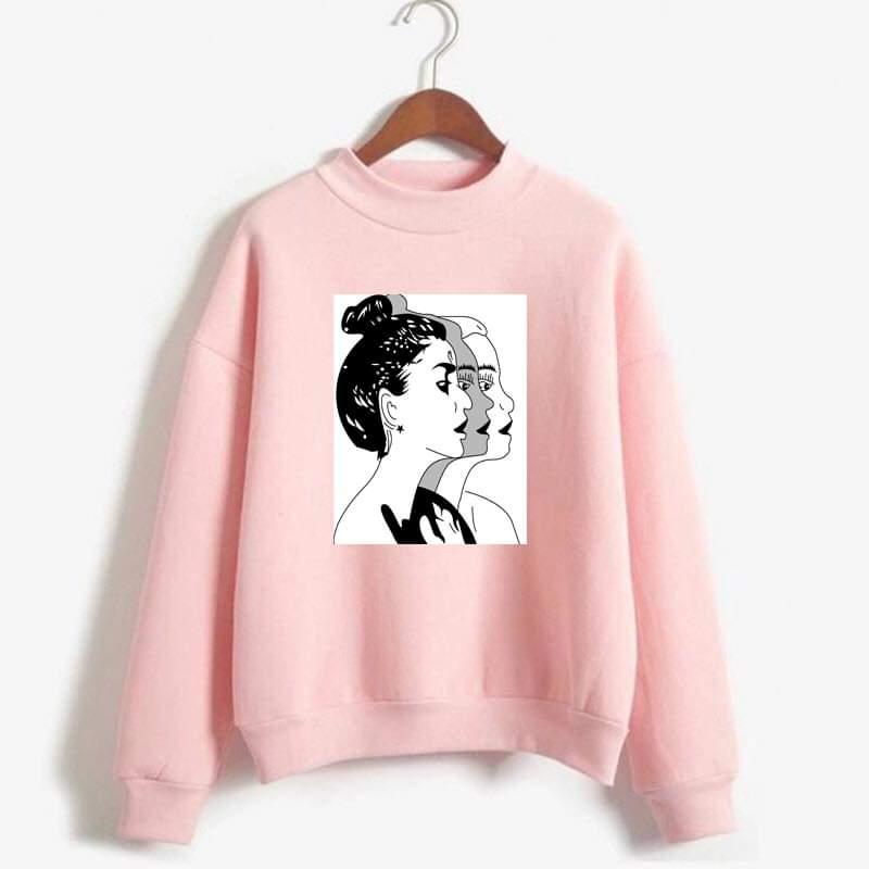 Girl Sketch Printed Fleece Ribbed Neck Fullsleeves Pullover Sweatshirt