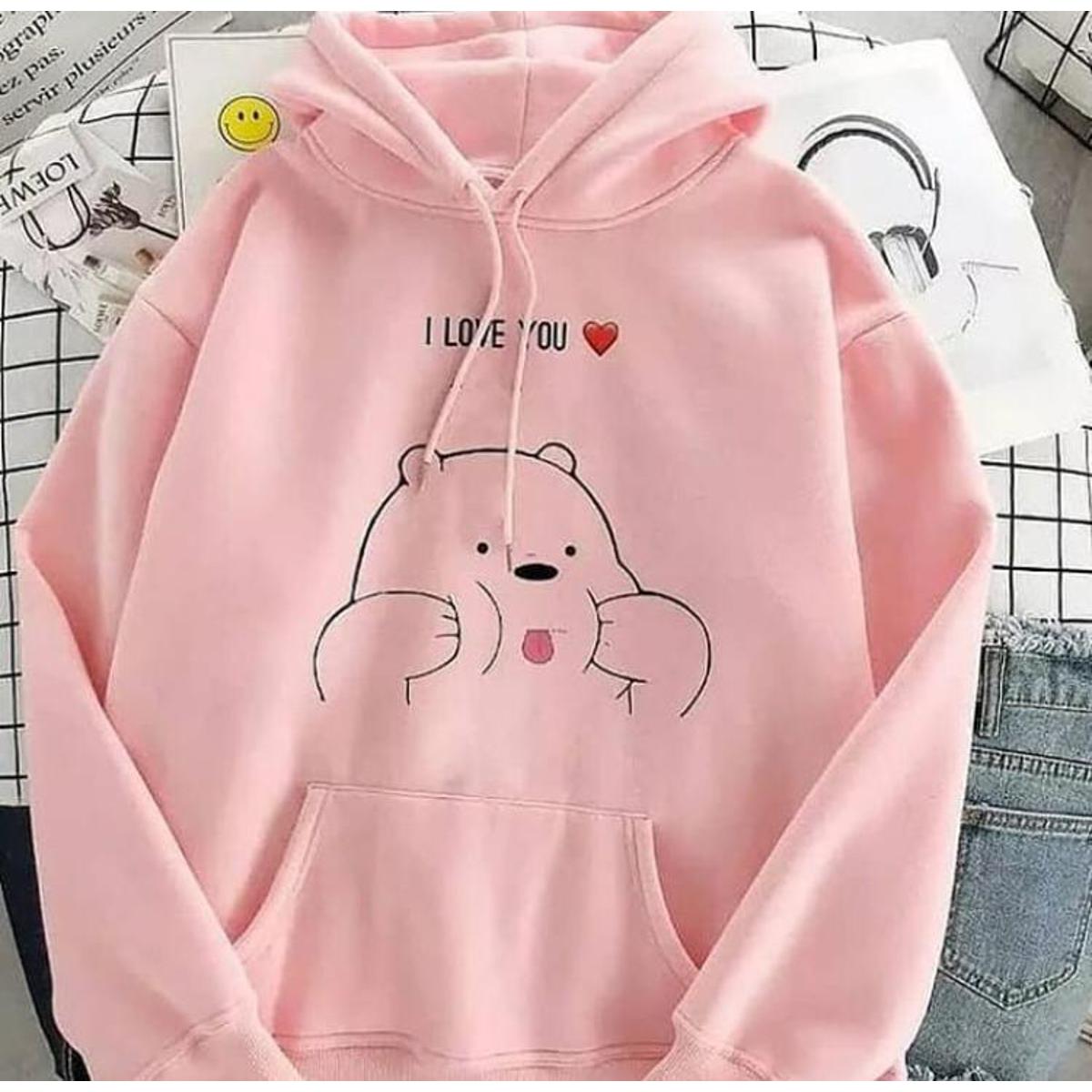 Pink I Love You Fleece Full Sleeves Pull Over Hoodie For Women