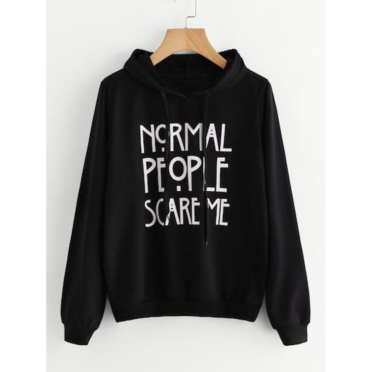 Black Normal People Scare Me  Printed Fleece Full Sleeves Pull Over Hoodie For Women