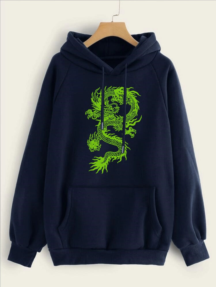 Dragon Printed Fleece Full Sleeves Pull Over Hoodie For Women