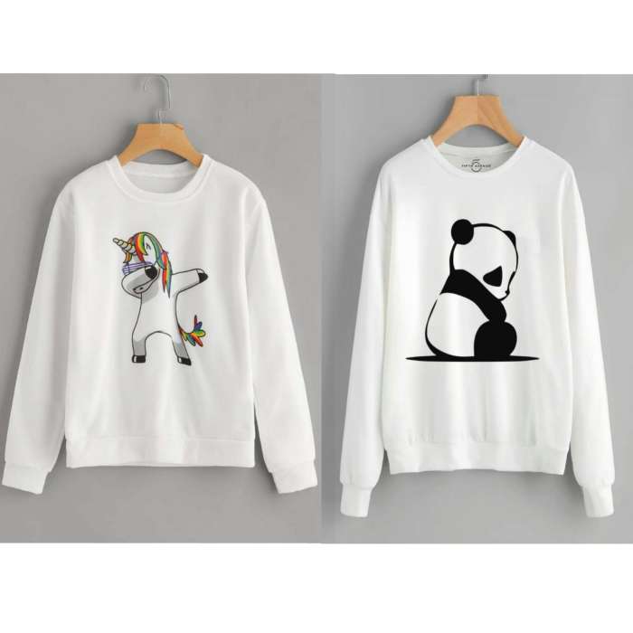 Pack of 2 White Unicorn Dap and Panda Sitting Printed Sweatshirts For Women - AceCart Warm Hooded Sweatshirt in White