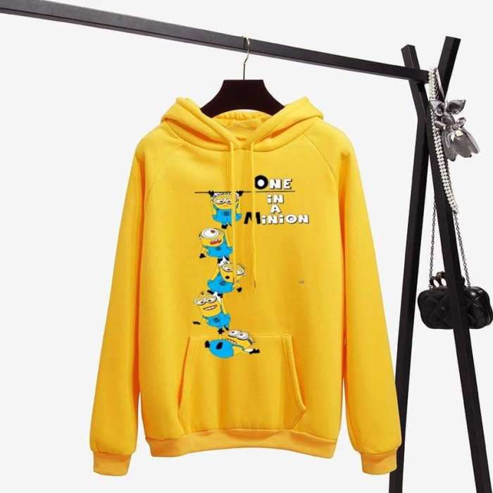 One In Stylish Yellow Printed Hoodie For Women - AceCart Warm Hooded Sweatshirt in Yellow