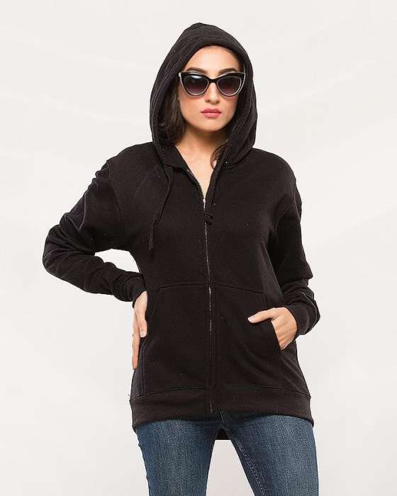 Black Zipper Hoodie For women - AceCart Warm Hooded Sweatshirt in Black