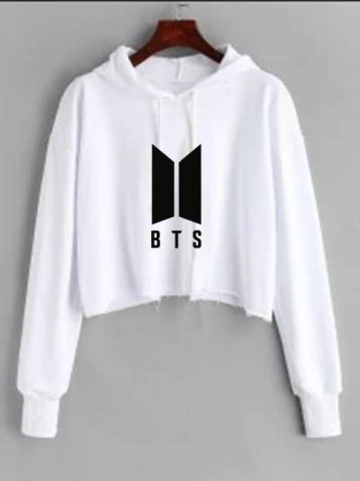 BTS White Croped Pullover Hoodie For Women Long Sleeve - AceCart Warm Hooded Sweatshirt in White