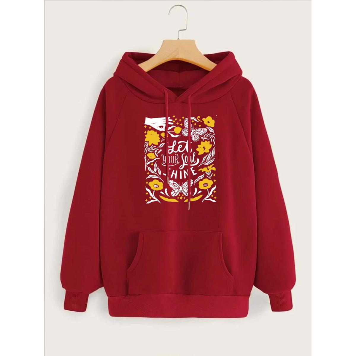 Let Your Soul Shine Printed Fleece Full Sleeves Pull Over Hoodie For Women