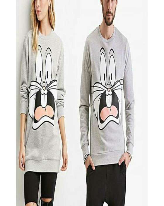 Pack Of 2 Mr And Mrs Bunny Print Sweat Shirt - AceCart Warm Hooded Sweatshirt in Grey