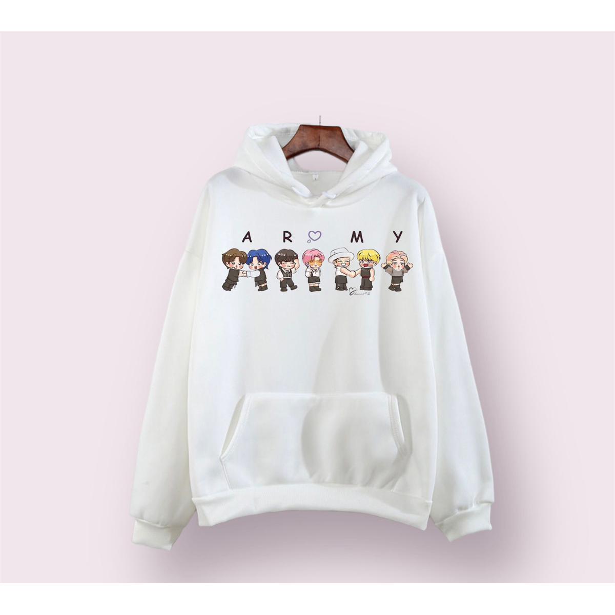 BTS Army Anime Fleece Full Sleeves Pull Over  Hoodie For Women