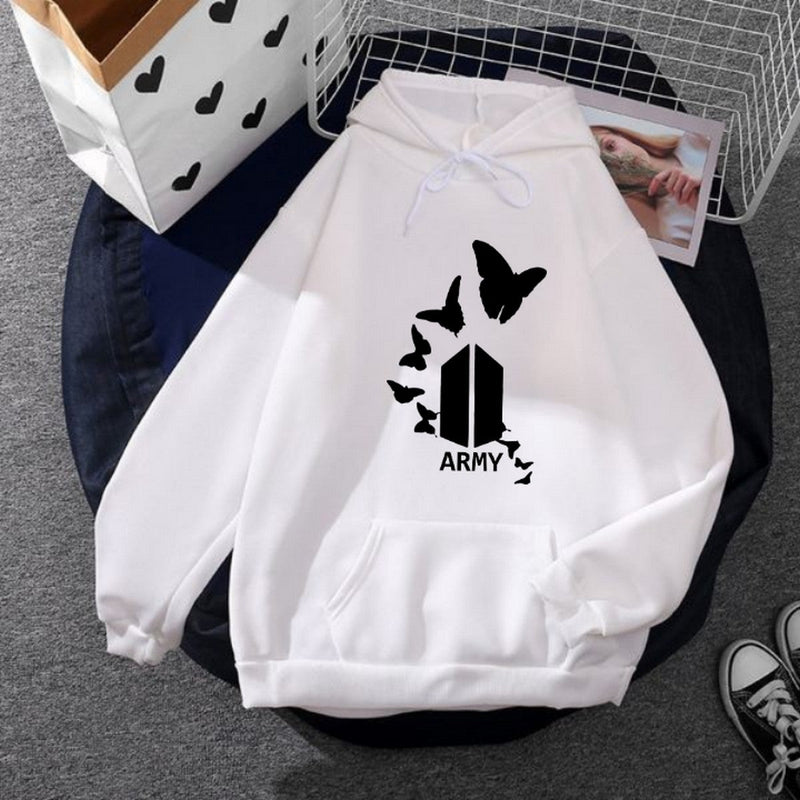 BTS Army Printed Fleece Full Sleeves Pull Over Hoodie For Women