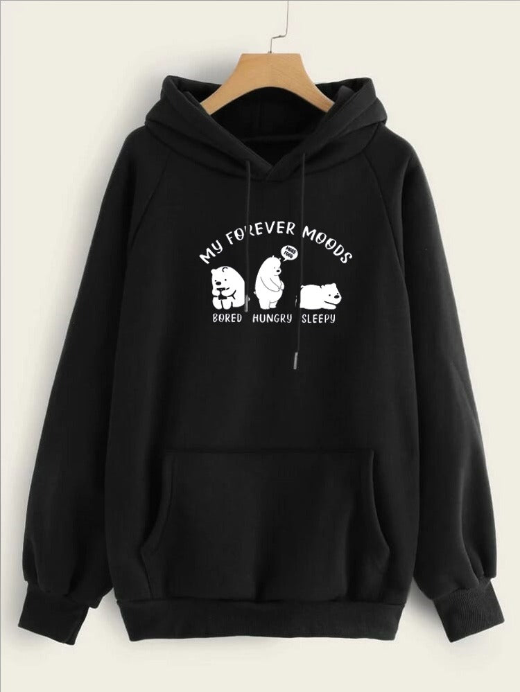 My Forever Moods Bear Printed Fleece Full Sleeves Pull Over Hoodie For Women