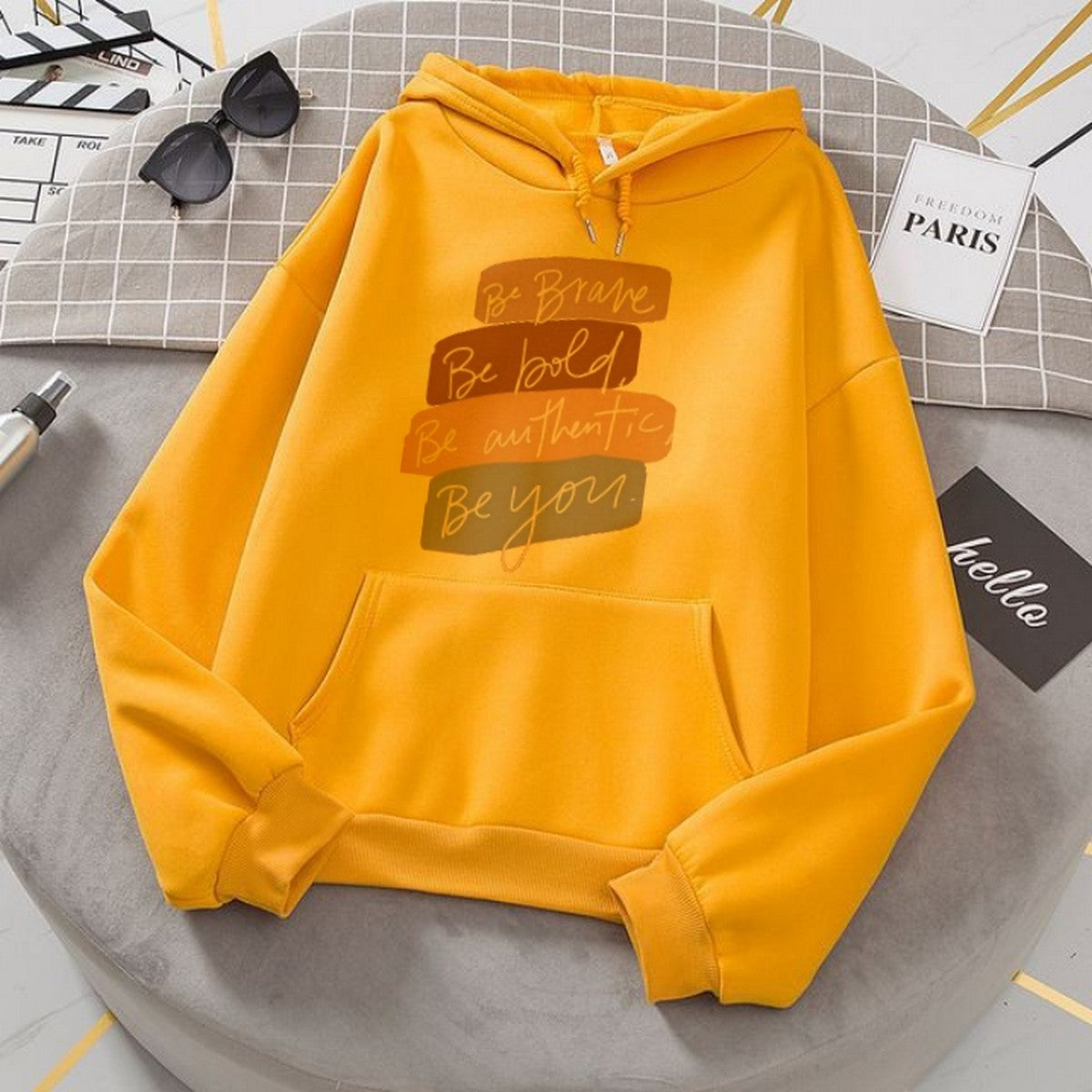 Yellow Be Brave Printed Fleece Hoodie for Men