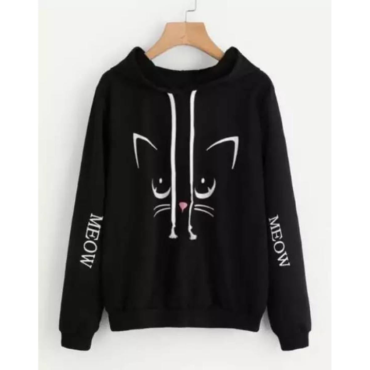 Black Meow Fleece Full Sleeves Pull Over Hoodie For Women