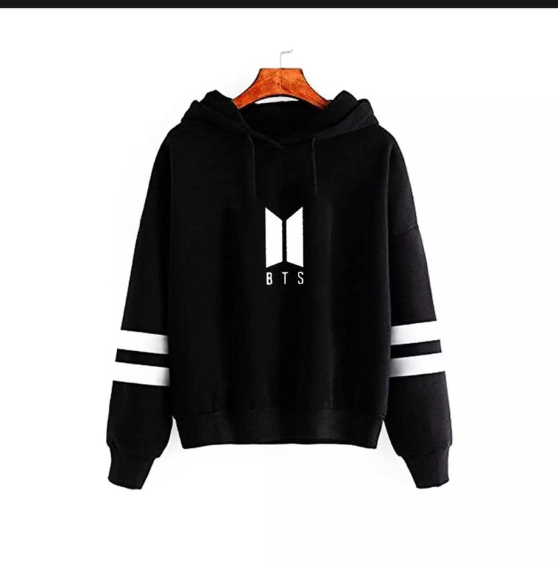 Black Bts Fleece Full Sleeves Pull Over Hoodie For Women