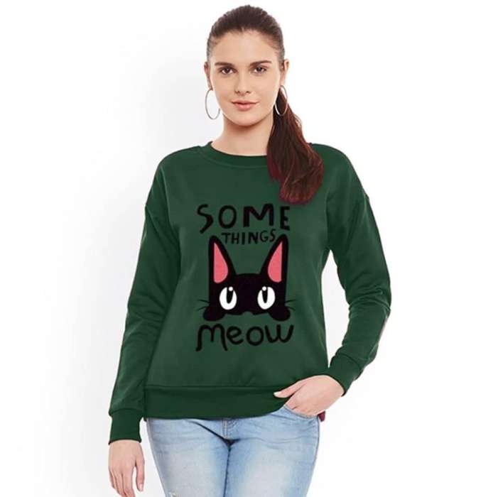 Army Green Something Meow Print Sweat Shirt SS 73 - AceCart Warm Hooded Sweatshirt in Green