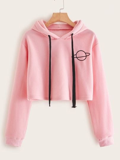 Planet Pink Printed Fleece Full Sleeves Cropped Pull Over Hoodie For Women