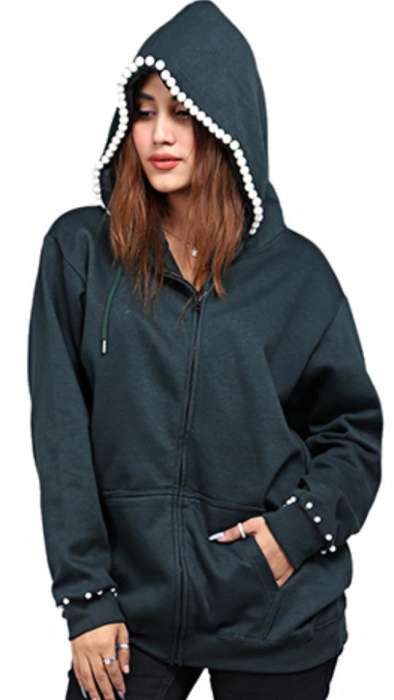 Deep Green Pearl Embellished Hoodie For Women - AceCart Warm Hooded Sweatshirt in Grey