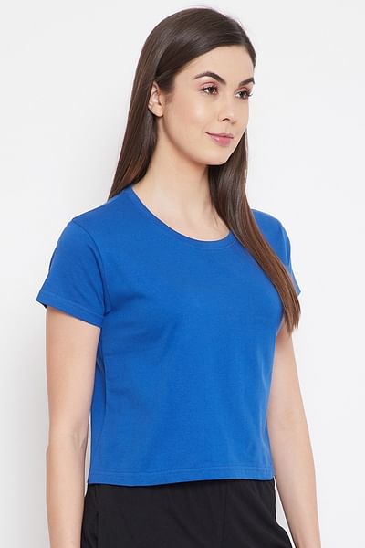 Basic Cropped Casual Tee in Royal Blue - 100% Cotton