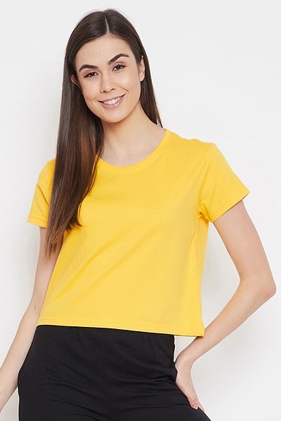 Basic Cropped Casual Tee in Yellow - 100% Cotton