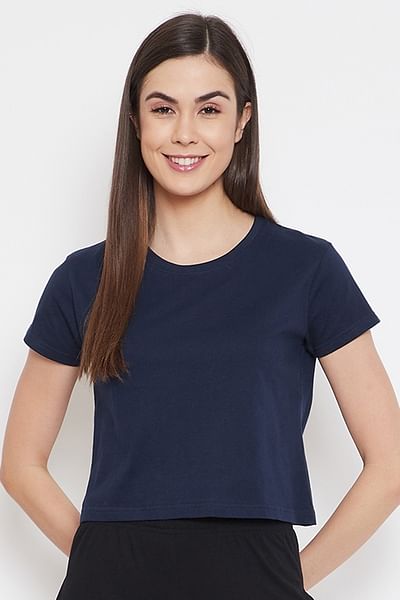 Basic Cropped Casual Tee in Navy Blue - 100% Cotton