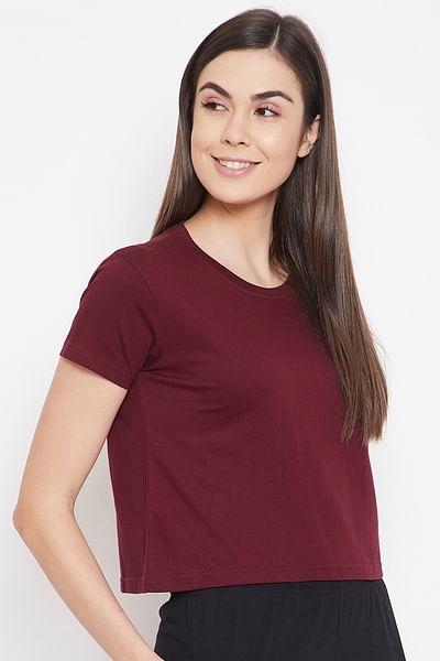 Basic Cropped Casual Tee in Maroon - 100% Cotton