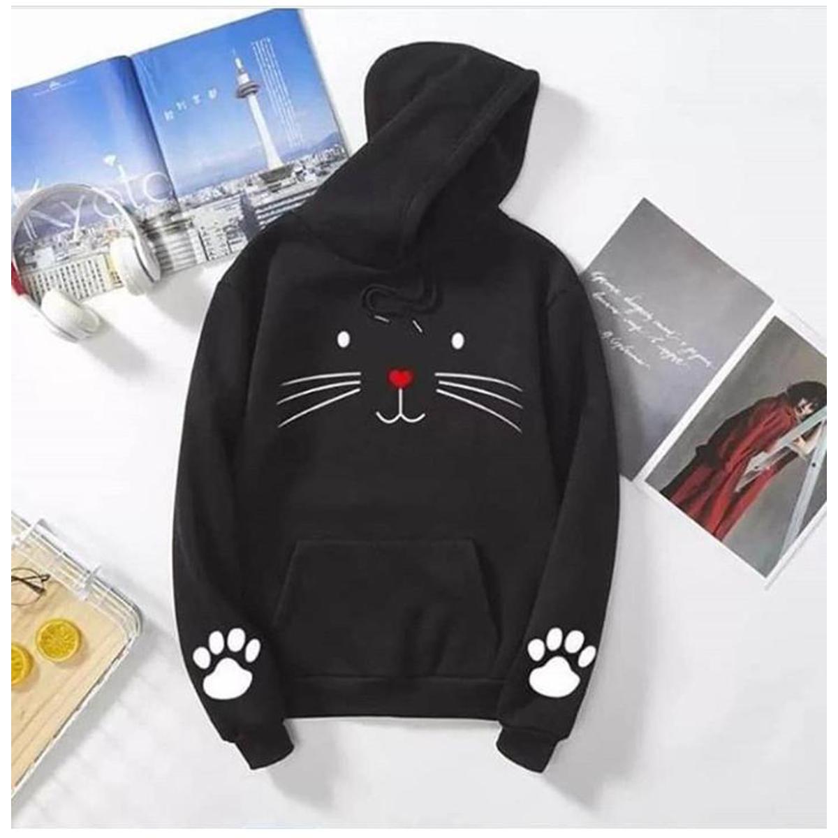 Cat Printed Fleece Full Sleeves Pull Over Hoodie For Women