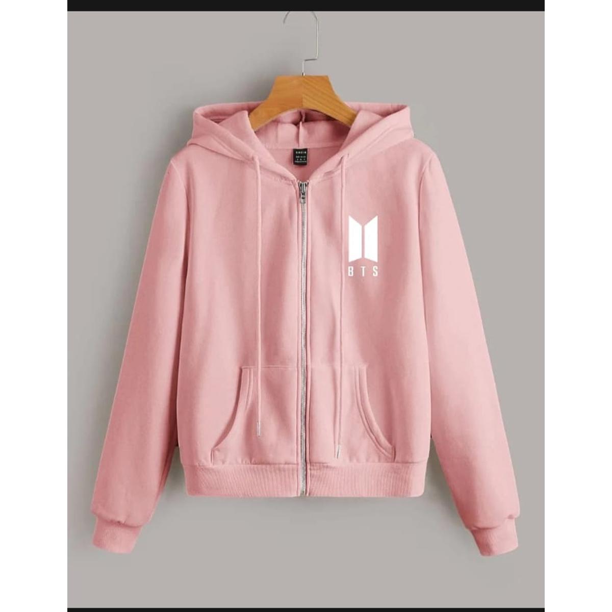 Pink BTS Fleece Full Sleeves Zipper Hoodie For Women