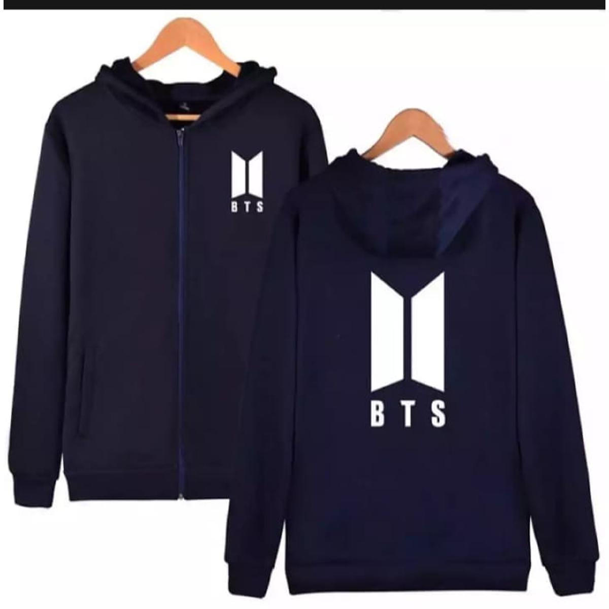 Navy Blue BTS Fleece Full Sleeves Zipper Hoodie For Women