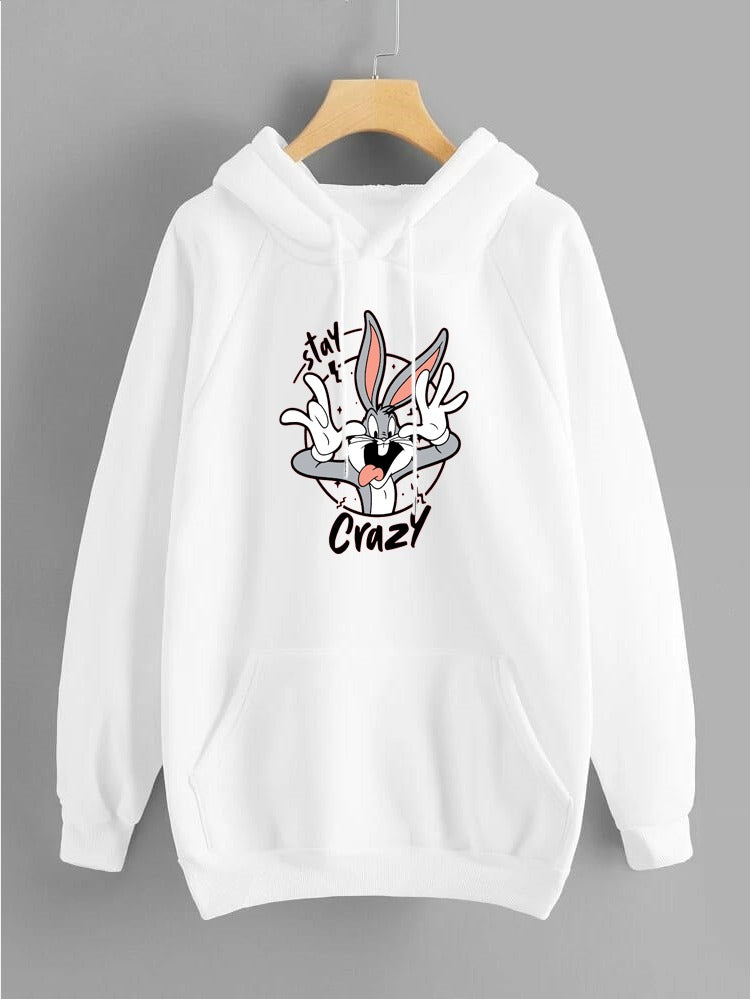 Stay Crazy Bugs Bunny Printed Fleece Full Sleeves Pull Over Hoodie For Women