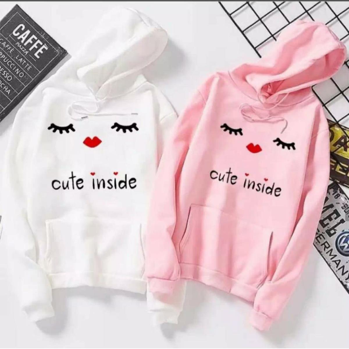 Cute Inside Printed Fleece Full Sleeves Pull Over Hoodie For Women