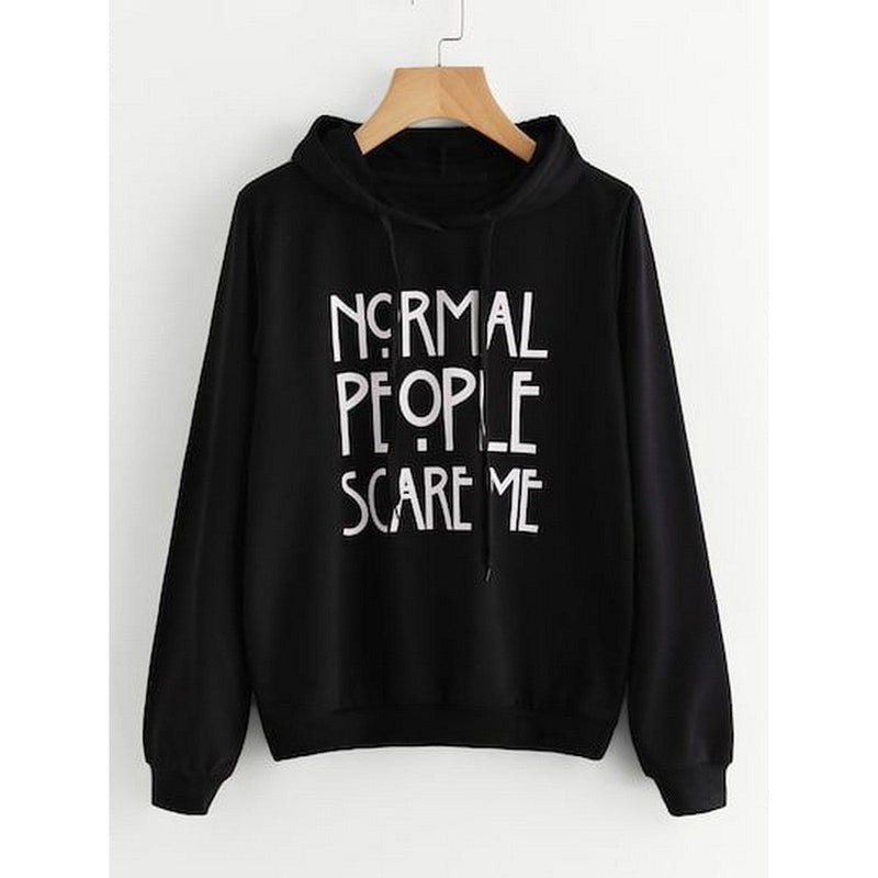 Black Normal People Scare Me  Printed Fleece Full Sleeves Pull Over Hoodie For Women