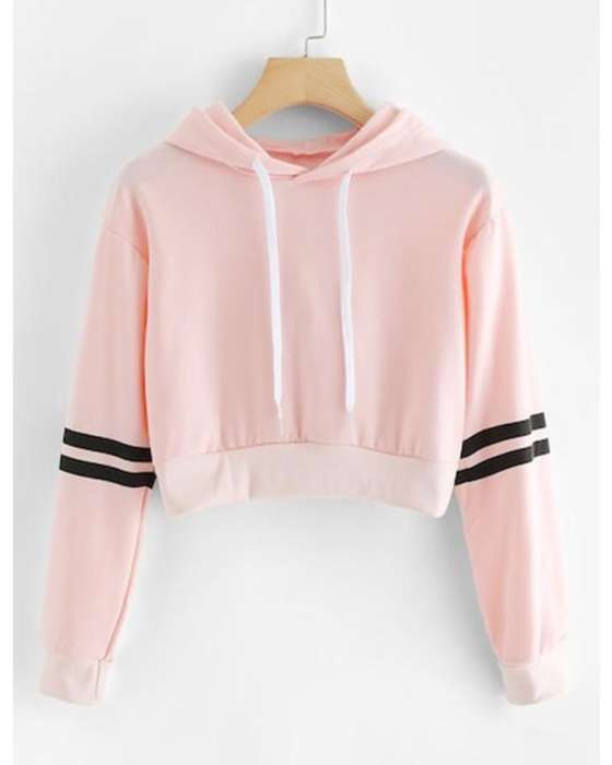 PINK STRIP ON ARM CROPPED HOODIE FOR womens 428 - AceCart Warm Hooded Sweatshirt in Pink