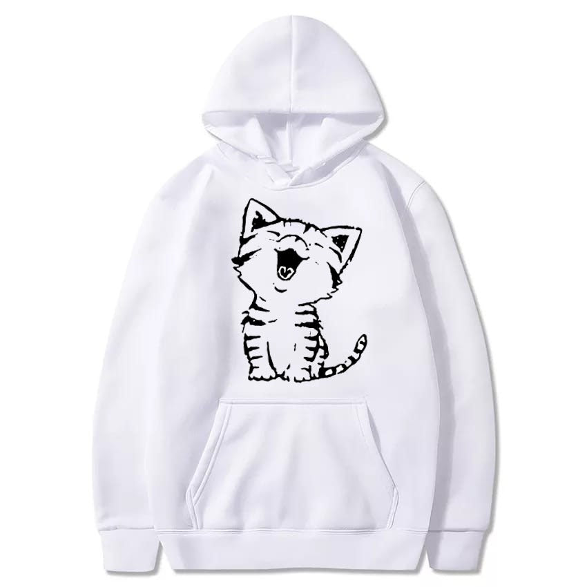 Fluffy Cat Printed Fleece Full Sleeves Pull Over Hoodie For Women