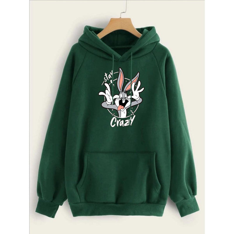 Stay Crazy Bugs Bunny Printed Fleece Full Sleeves Pull Over Hoodie For Women