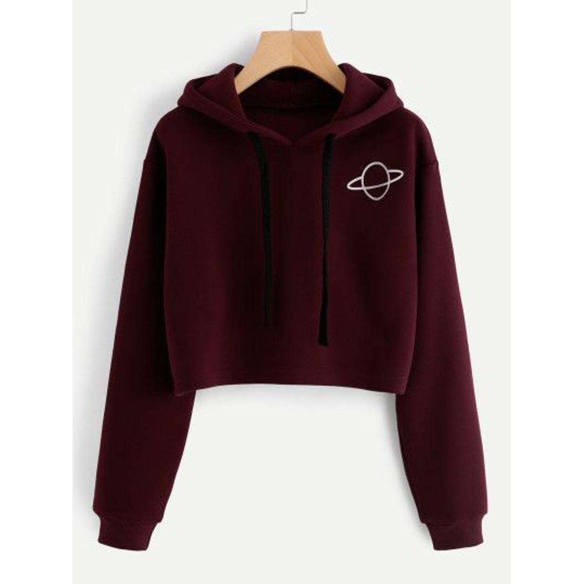 Maroon Planet Printed Fleece Full Sleeves Cropped Pull Over Hoodie For Women