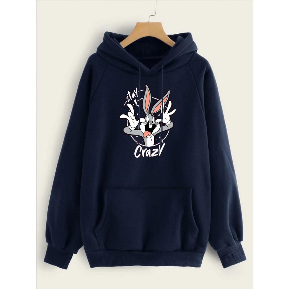 Stay Crazy Bugs Bunny Printed Fleece Full Sleeves Pull Over Hoodie For Women