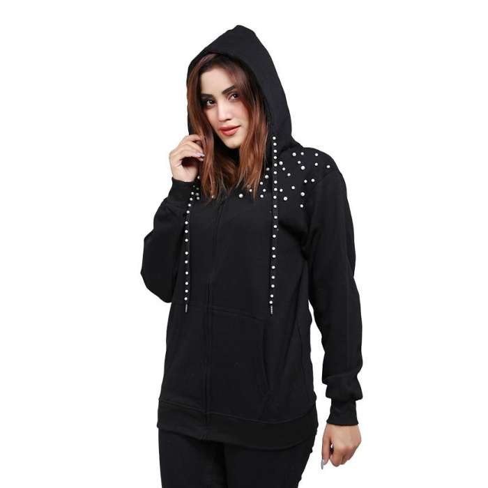 Glam Pearl Black Hoodie For Women - AceCart Warm Hooded Sweatshirt in Black