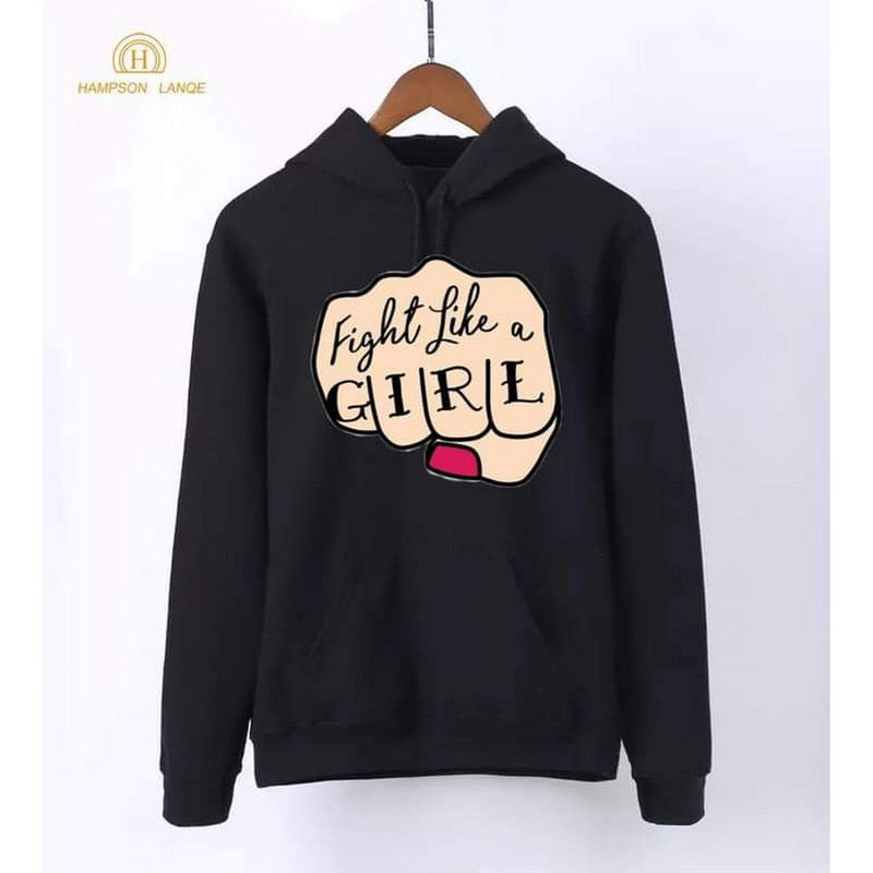 Fight Like A Girl Printed Fleece Full Sleeves Pull Over Hoodie For Women