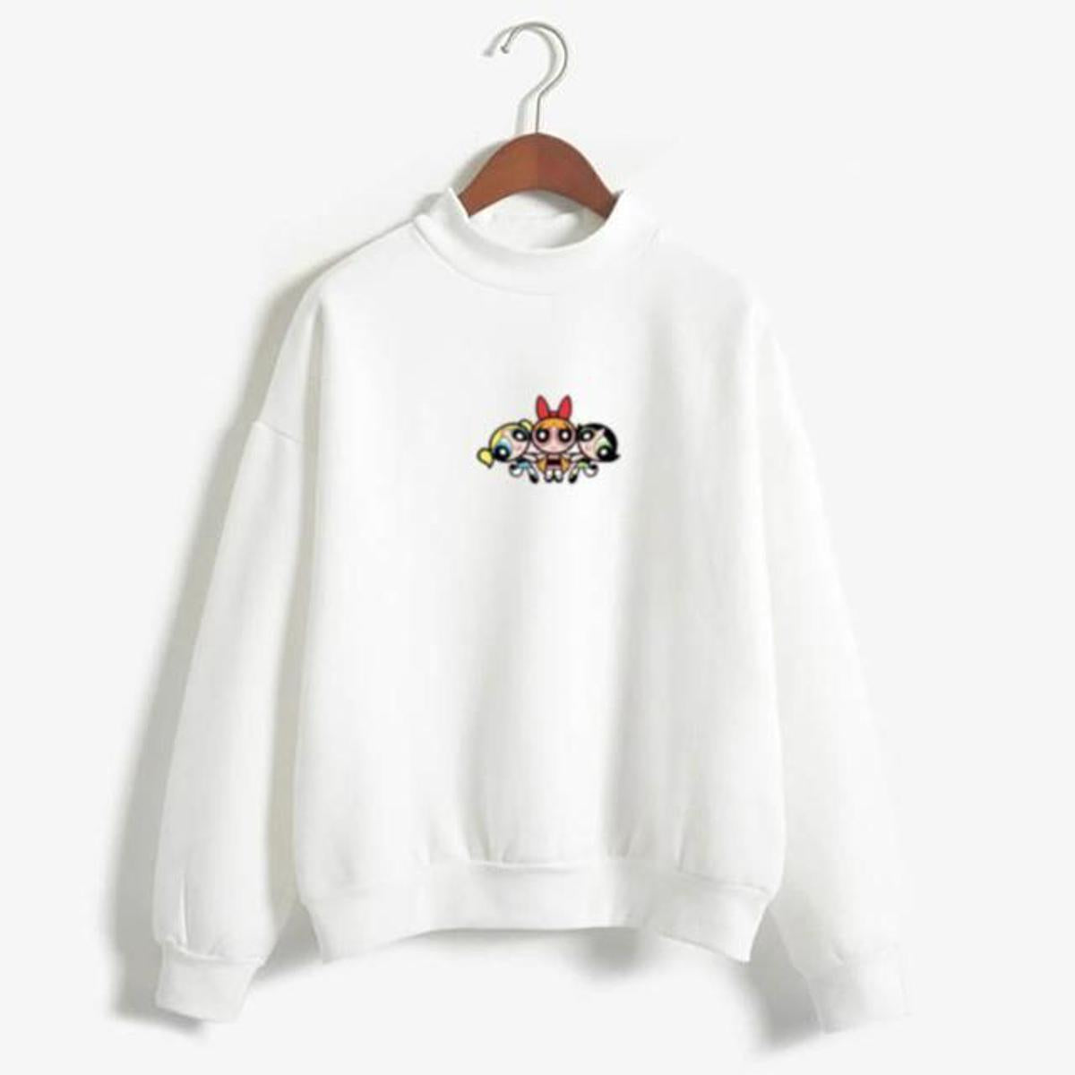 White Power Puff Girls Printed Fleece Full Sleeves Pull Over Sweatshirt For Women