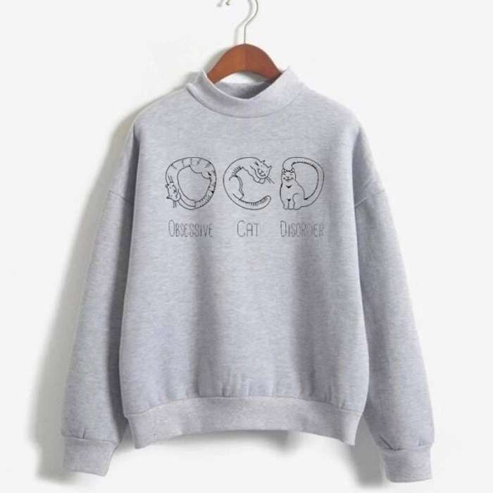 Obsessive Cat Disorder Full Fleece Design Sweat Shirt Excellent Quality - AceCart Warm Hooded Sweatshirt in Grey