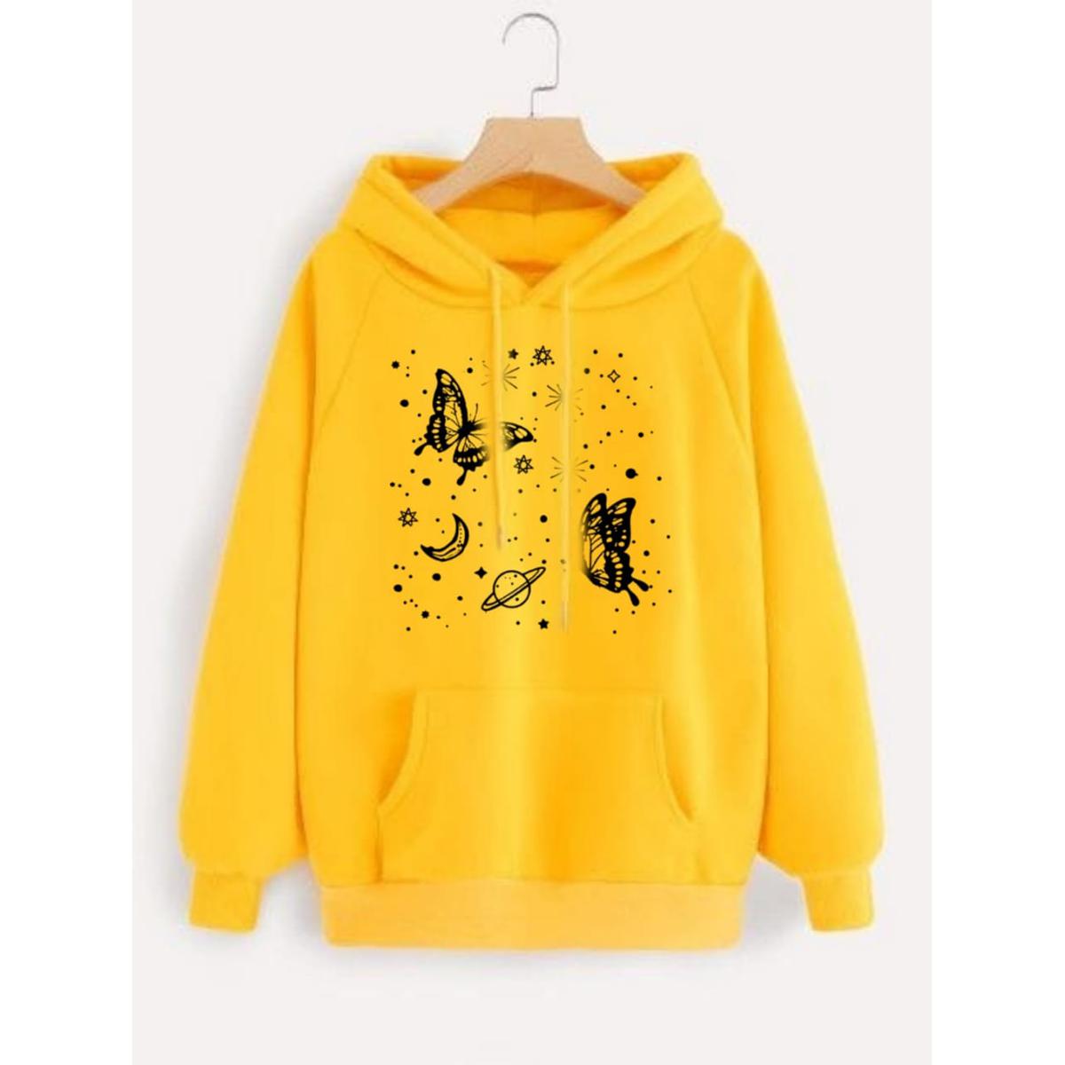 Yellow Butterfly & Galaxy Fleece Full Sleeves Pull Over Hoodie For Women