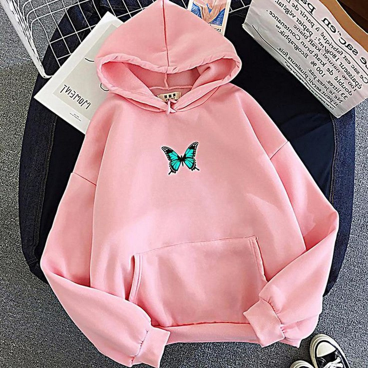 Pink Butterfly Fleece Full Sleeves Pull Over Hoodie For Women