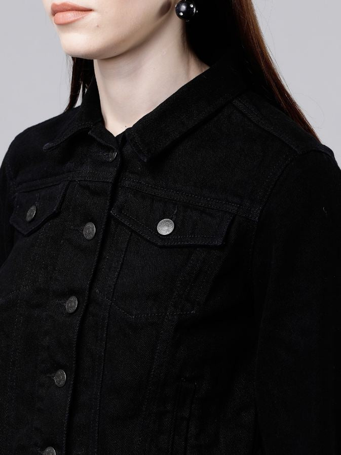 Women Black Solid Jacket  - Front View - Available in Sizes XL