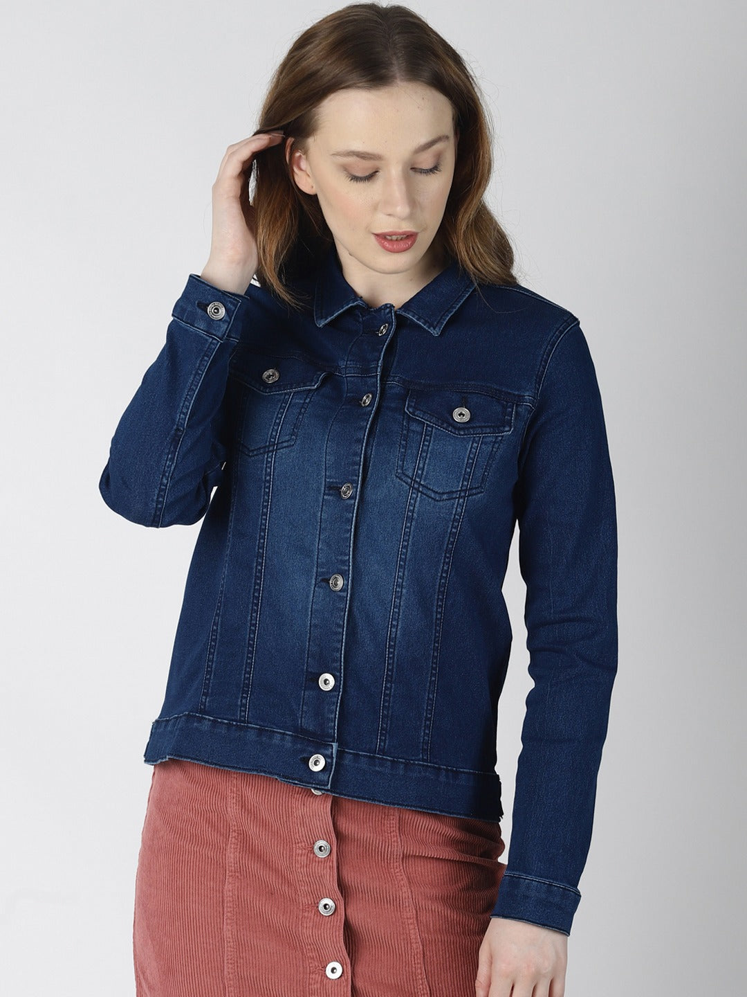 Women Dark Blue Solid Jacket  - Front View - Available in Sizes S