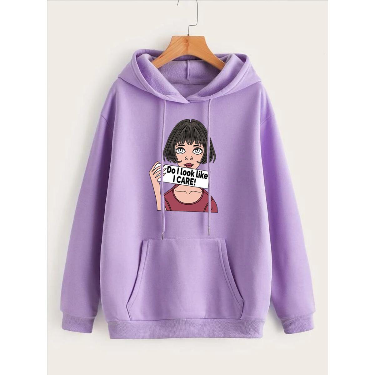 DO I Look Like I Care Anime Aesthetic Printed Fleece Full Sleeves Pull Over Hoodie For Women