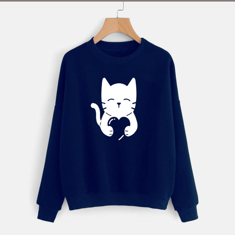 Cute Cat Printed Fleece Full Sleeves Pull Over Sweatshirt For Women