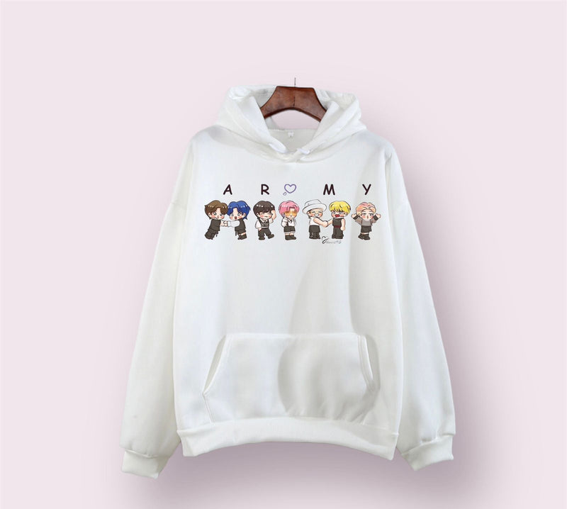 BTS Army Anime Fleece Full Sleeves Pull Over  Hoodie For Women