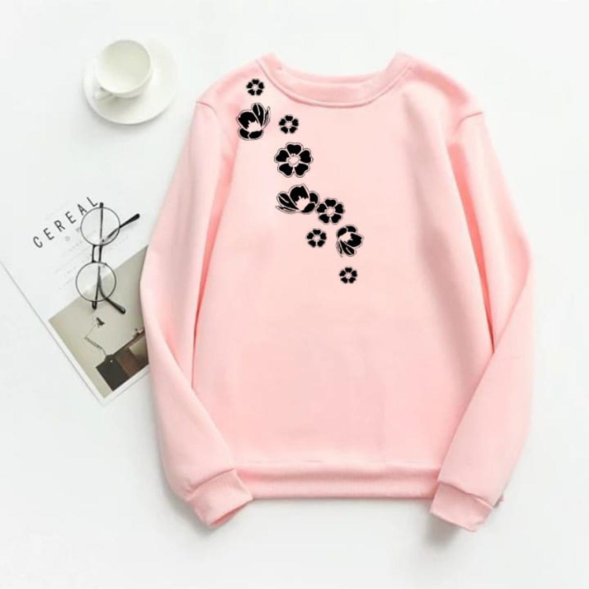 Pink Flower Fleece Full Sleeves Sweatshirt For Women